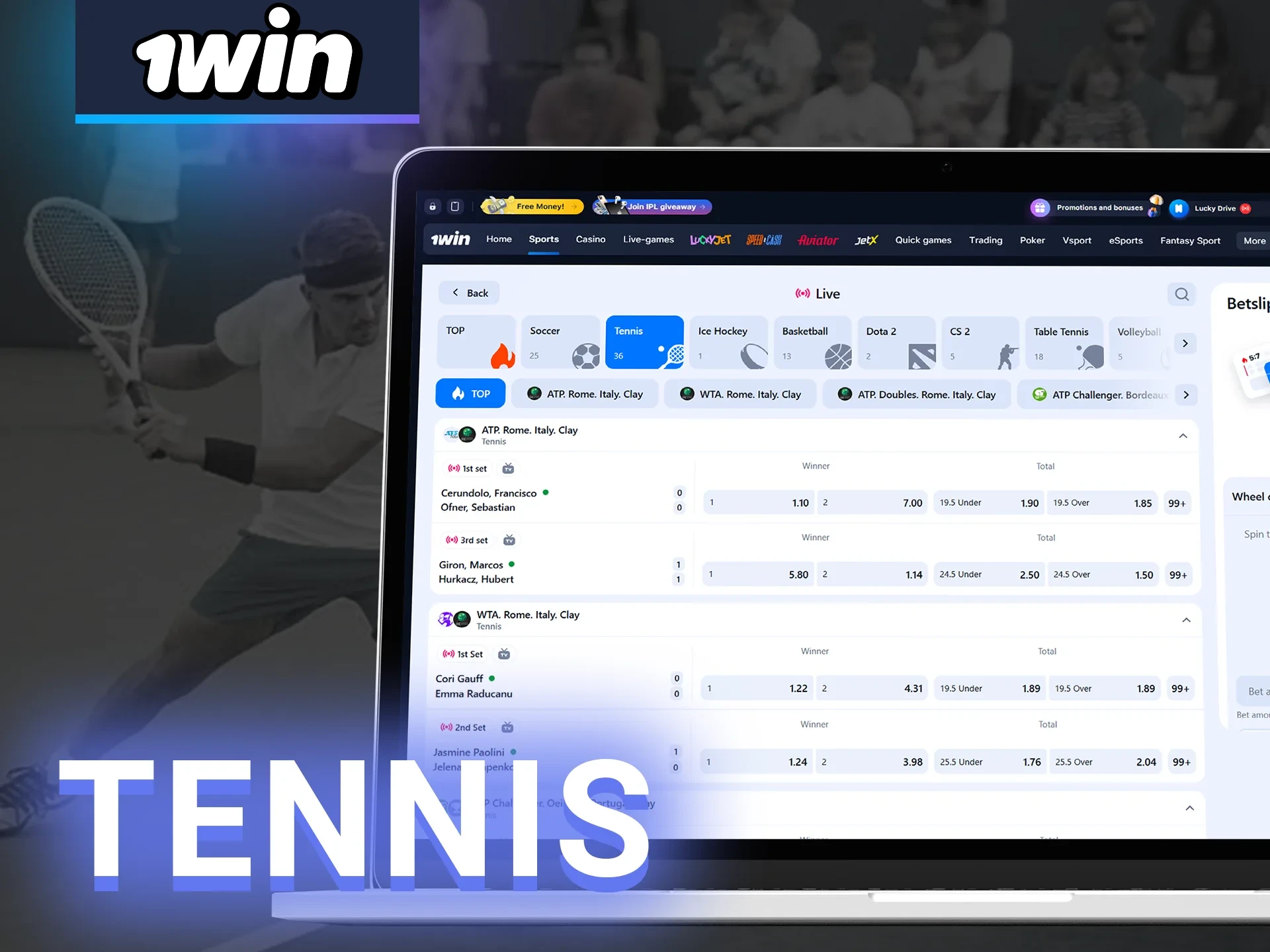 Tennis is a very popular type of betting at 1win.