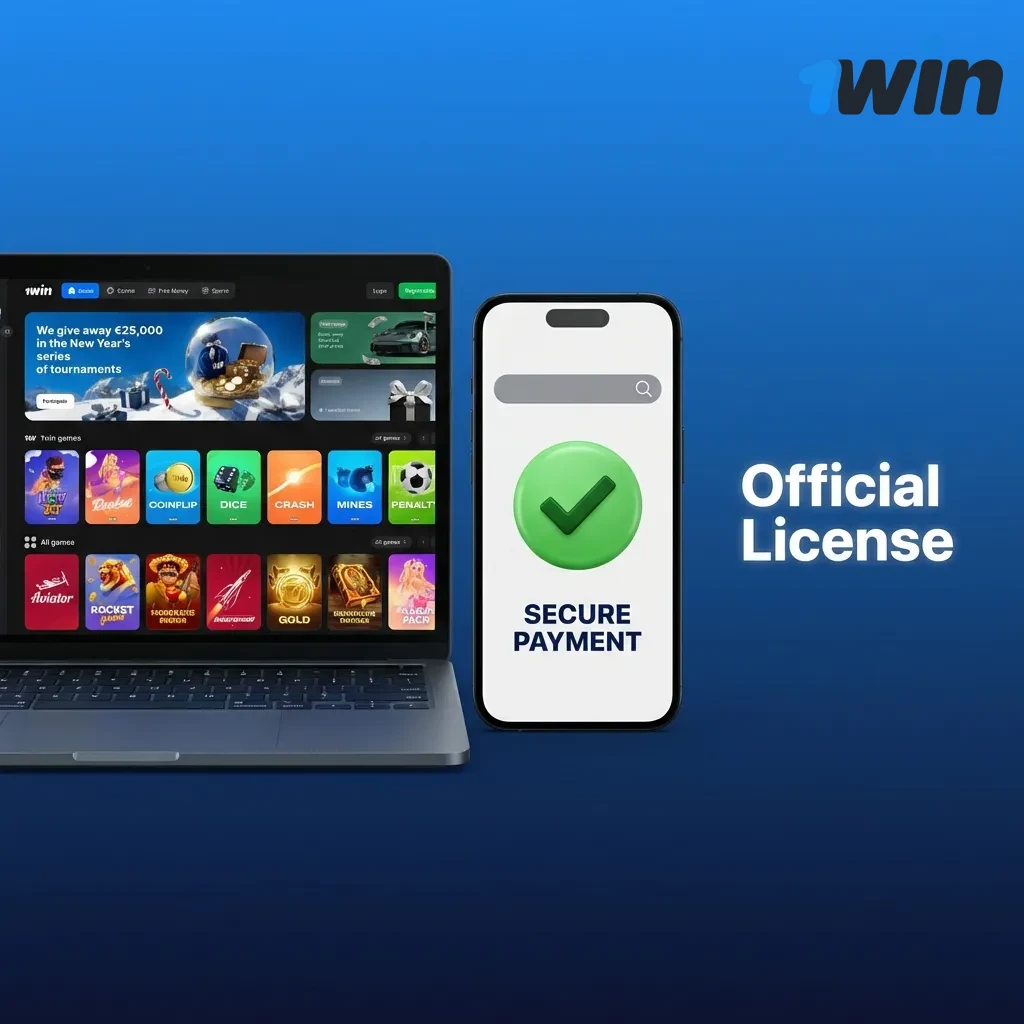 1Win official license No. 8048/JAZ2018-040 issued by the Curacao Gaming Control Board.