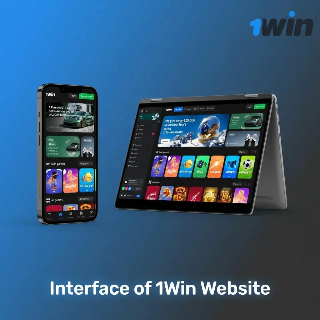 1Win website interface featuring a dark background, colorful game icons, top navigation bar, and login buttons.