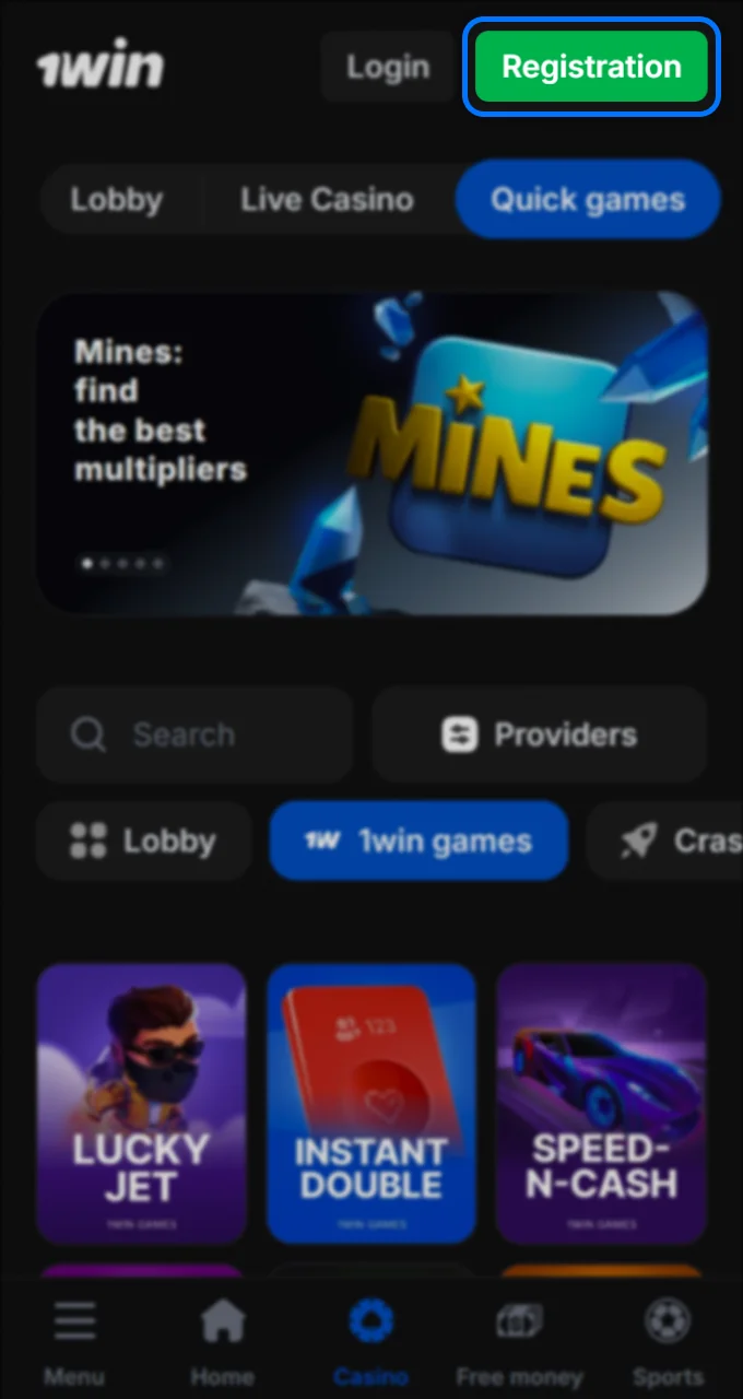 Click the green Registration button at the top of the 1Win website to get started.