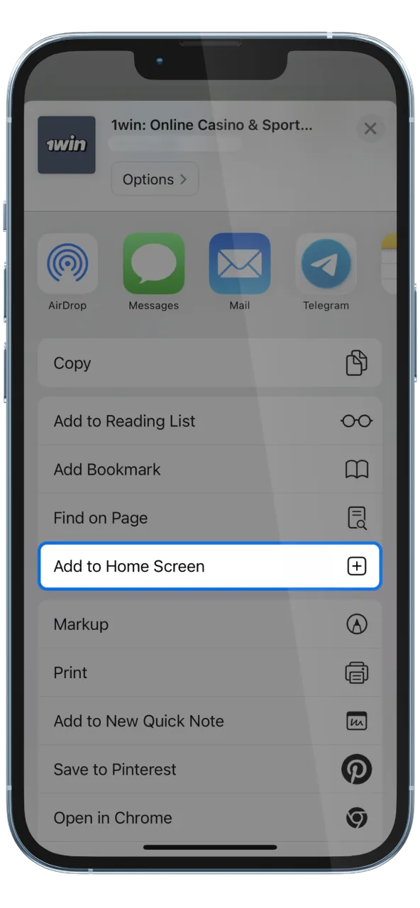 Choose Add to Home Screen to install 1win shortcut.